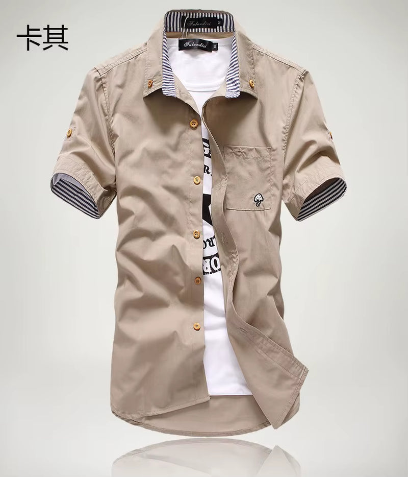 Stylish Men's Casual Short Sleeve Shirt with Mushroom Embroidery and Stripe Border
