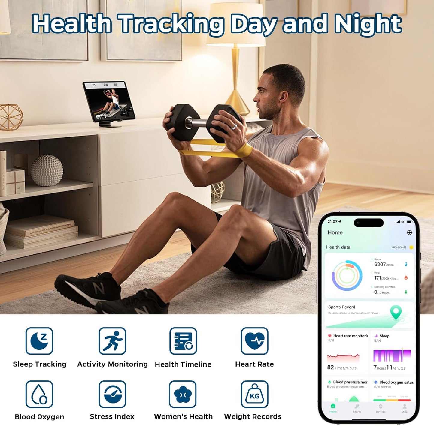 Smart Ring Health Tracker, Sleep Tracker Ring with Heart Rate, Waterproof Fitness Ring for Activity Monitoring/Steps/Distance/Calories, Air Gestures, up to 7-Day Battery, for Ios Android (Black,#11)