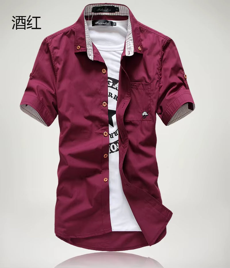 Stylish Men's Casual Short Sleeve Shirt with Mushroom Embroidery and Stripe Border
