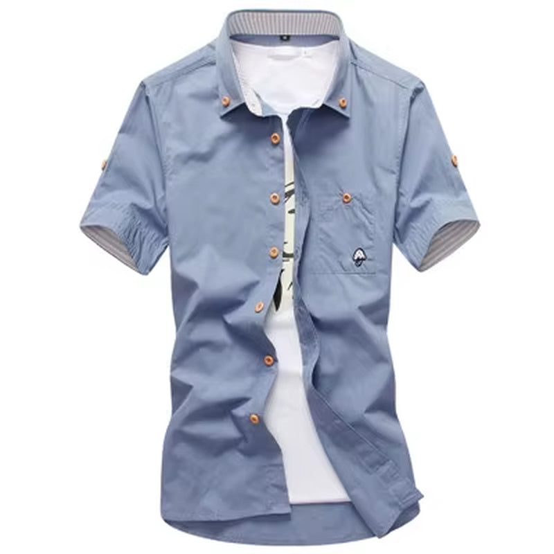 Stylish Men's Casual Short Sleeve Shirt with Mushroom Embroidery and Stripe Border