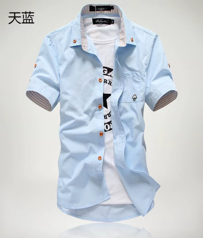 Stylish Men's Casual Short Sleeve Shirt with Mushroom Embroidery and Stripe Border