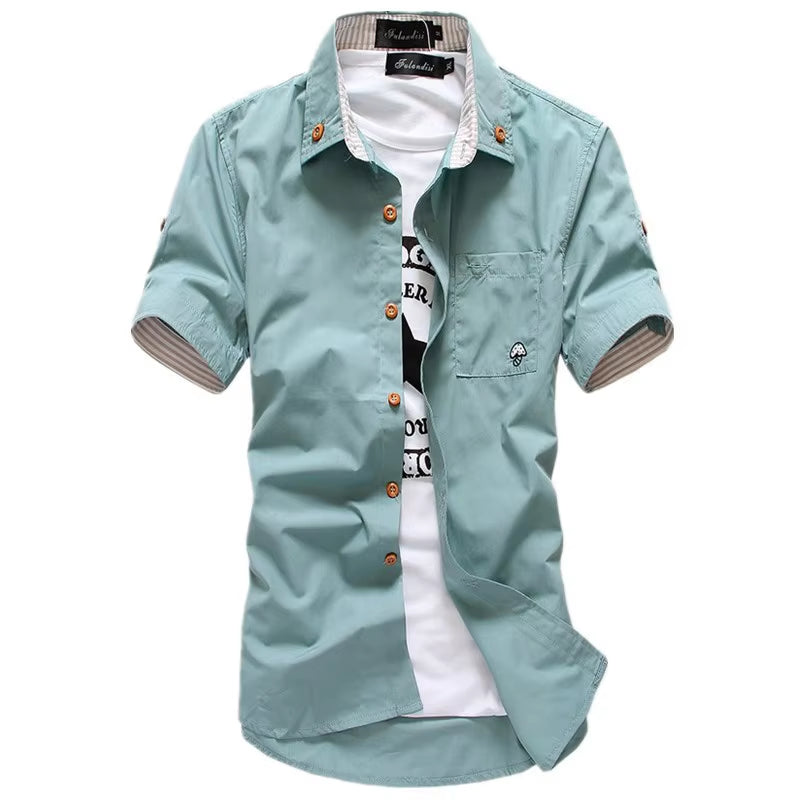 Stylish Men's Casual Short Sleeve Shirt with Mushroom Embroidery and Stripe Border