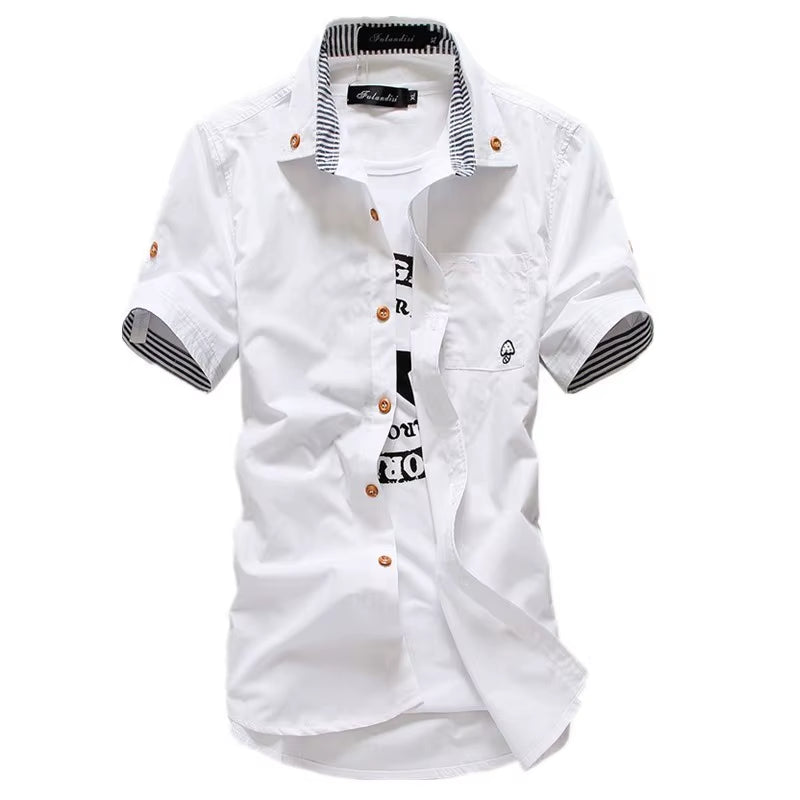 Stylish Men's Casual Short Sleeve Shirt with Mushroom Embroidery and Stripe Border