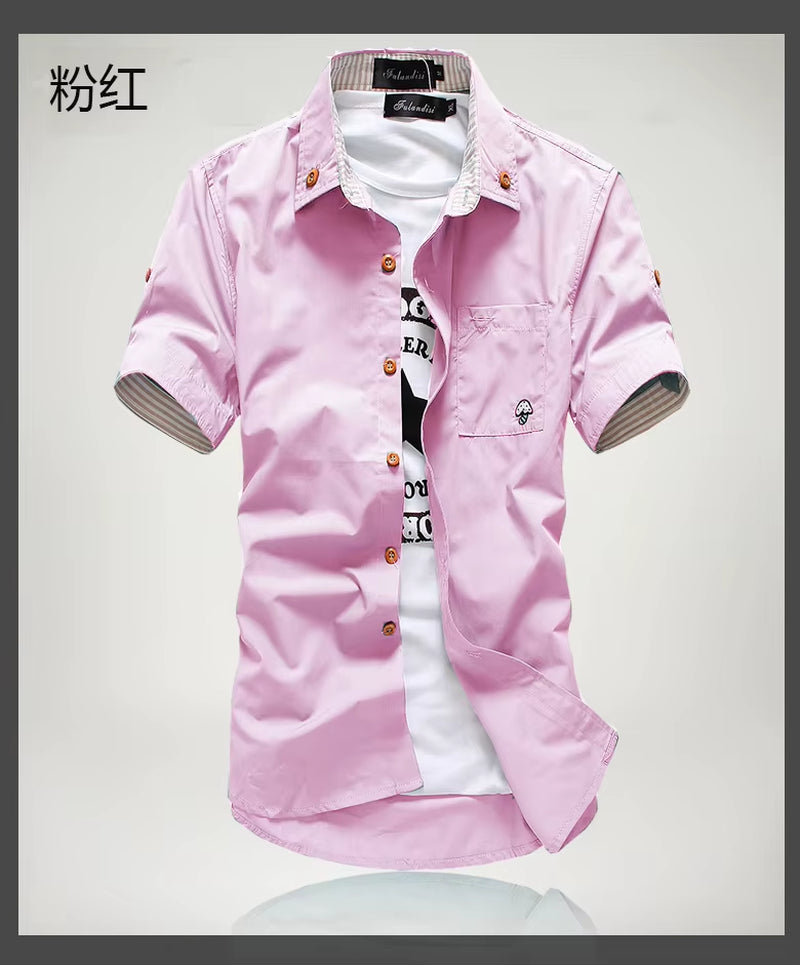 Stylish Men's Casual Short Sleeve Shirt with Mushroom Embroidery and Stripe Border