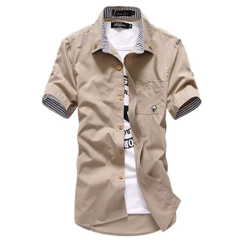 Stylish Men's Casual Short Sleeve Shirt with Mushroom Embroidery and Stripe Border