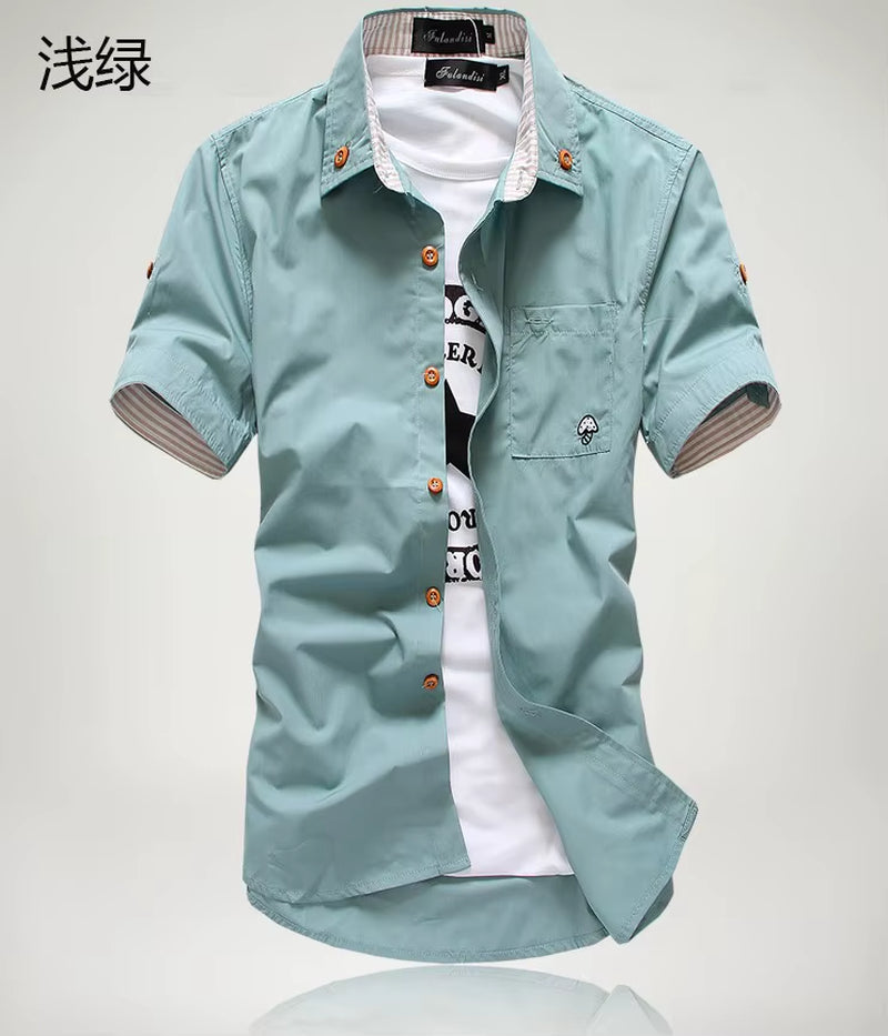 Stylish Men's Casual Short Sleeve Shirt with Mushroom Embroidery and Stripe Border