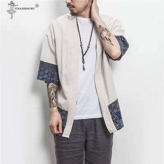 Japanese Kimono Men Cardigan Streetwear Yukata Male Shirt Haori Mens Kimono Shirt Traditional Japanese Samurai Clothing 5XL