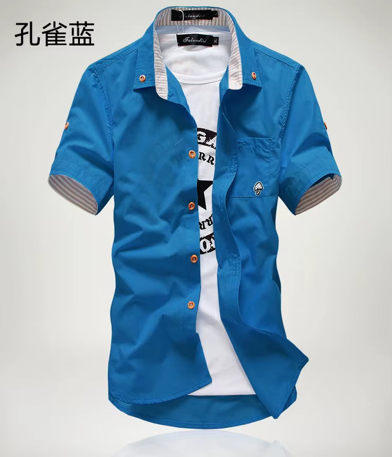 Stylish Men's Casual Short Sleeve Shirt with Mushroom Embroidery and Stripe Border