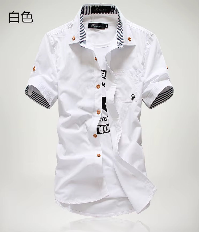 Stylish Men's Casual Short Sleeve Shirt with Mushroom Embroidery and Stripe Border