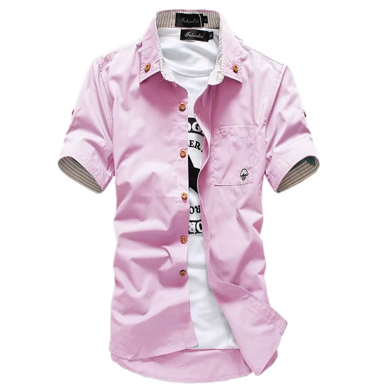 Stylish Men's Casual Short Sleeve Shirt with Mushroom Embroidery and Stripe Border