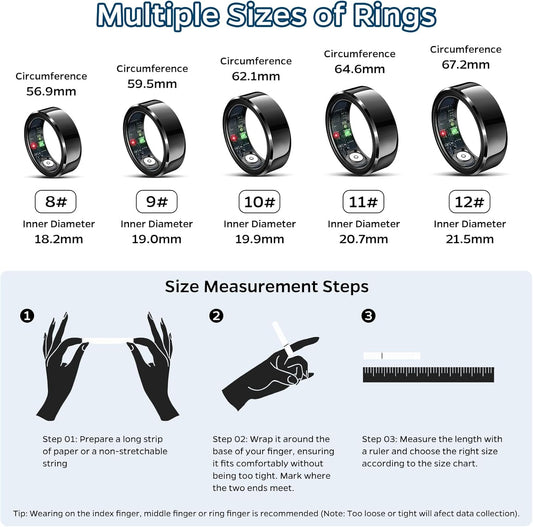 Smart Ring Health Tracker, Sleep Tracker Ring with Heart Rate, Waterproof Fitness Ring for Activity Monitoring/Steps/Distance/Calories, Air Gestures, up to 7-Day Battery, for Ios Android (Black,#11)