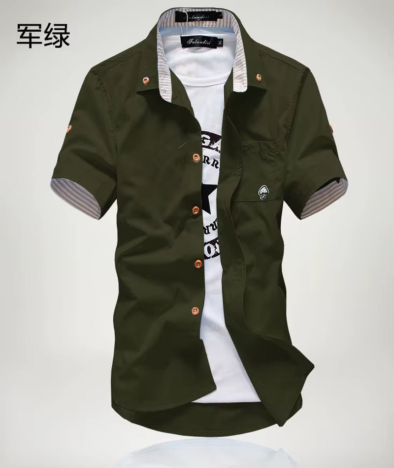 Stylish Men's Casual Short Sleeve Shirt with Mushroom Embroidery and Stripe Border