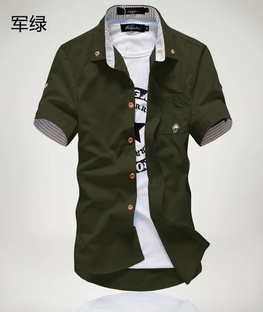 Stylish Men's Casual Short Sleeve Shirt with Mushroom Embroidery and Stripe Border