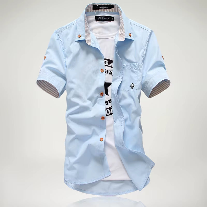 Stylish Men's Casual Short Sleeve Shirt with Mushroom Embroidery and Stripe Border