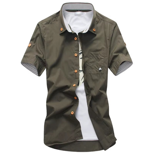 Stylish Men's Casual Short Sleeve Shirt with Mushroom Embroidery and Stripe Border